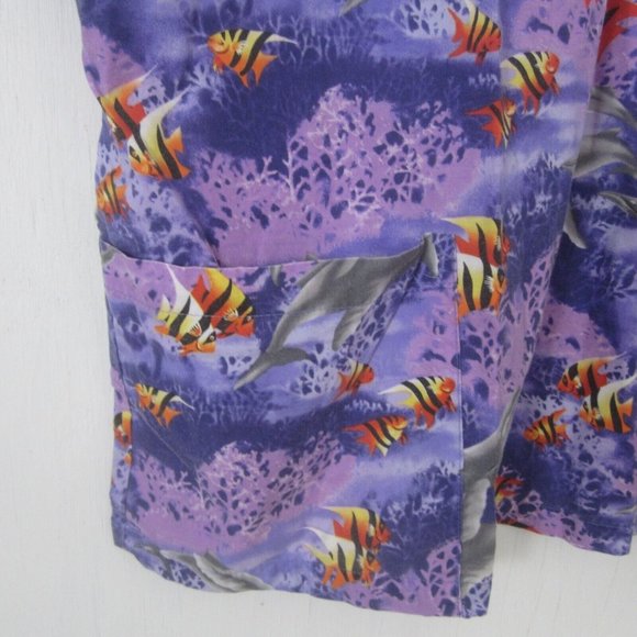 Made in Hawaii Medical Scrub Shirt L tropical fish whale purple cotton vintage - Picture 5 of 7